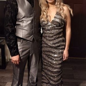 Scala Sequined Z Wedding Prom Dress Size 6 Silver Black Wave